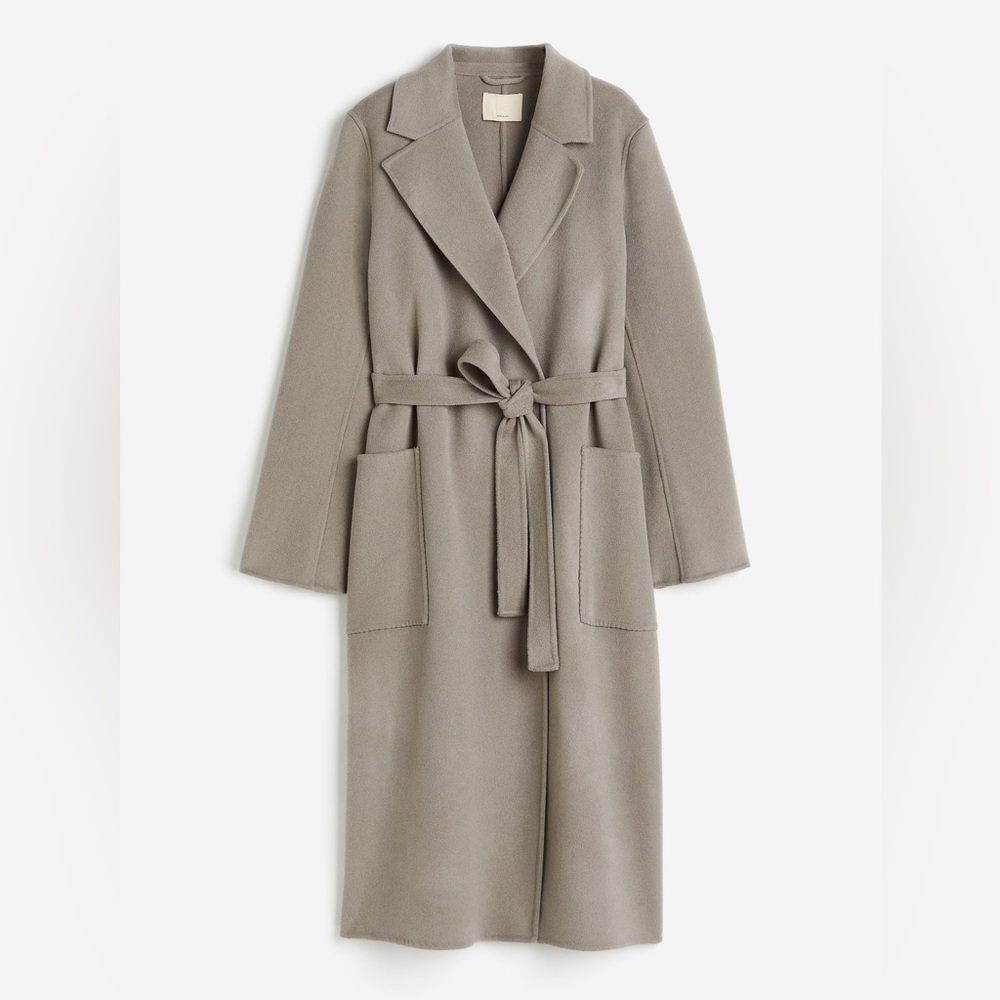 H&M PREMIUM DOUBLE FACED WOOL BLEND MIDI LENGTH WRAP COAT NEUTRAL Taupe Gray XS